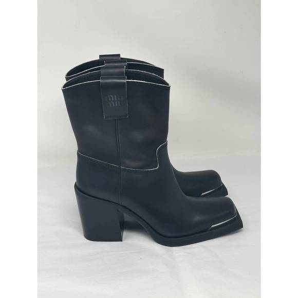 MIU MIU women's tronchetti calfskin western booties in black - Picture 3 of 4